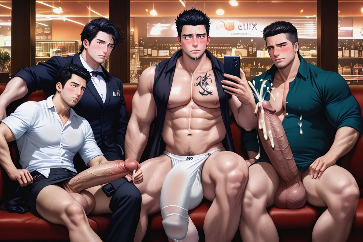 One Man Is Cumming, Hands Fondling Massive Balls, Bara Manga Style AI Gay Porn