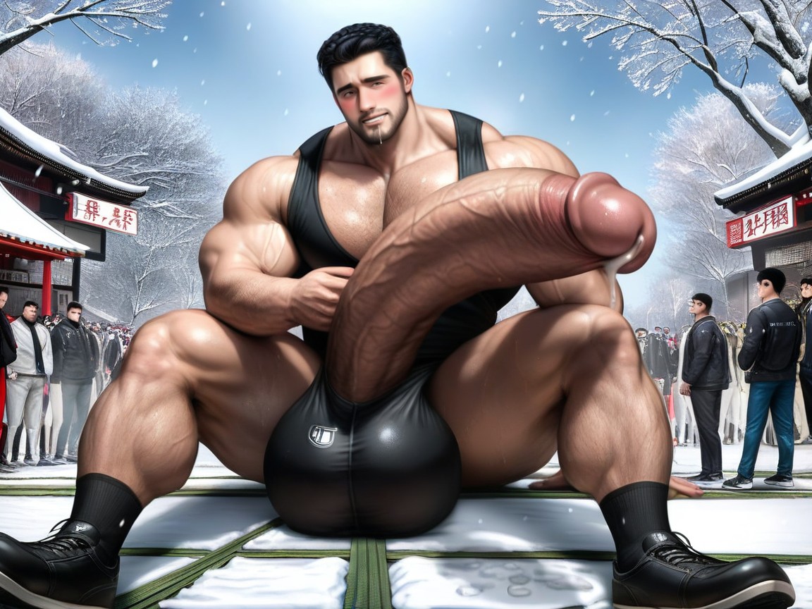 Naked Muscled Man With Gigantic Hyper Cock Surrounded By Several Clothed Men, Some Standing Some Sitting, Black Hair Porno gay IA