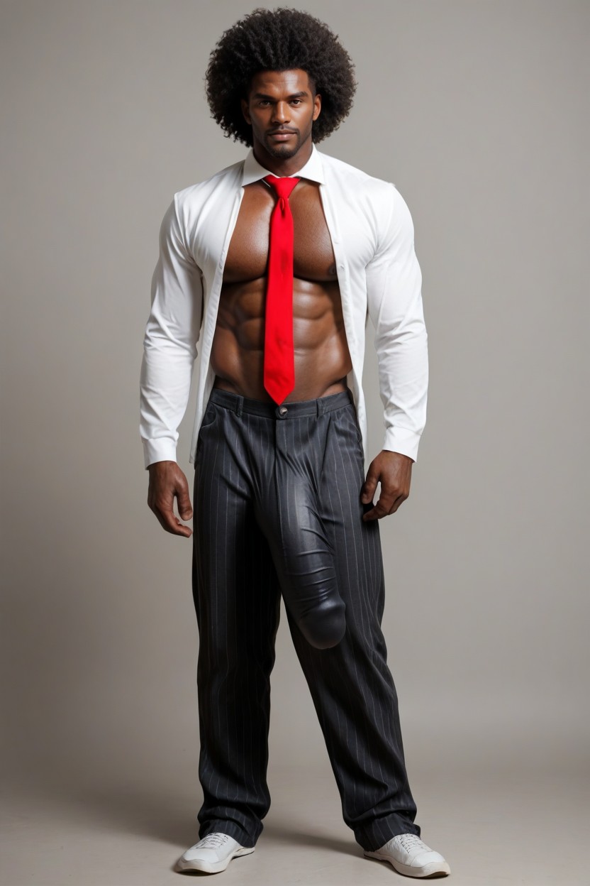 No Nipples, Side View, Huge Genital Bulge Inside Pants AI Gay Porn