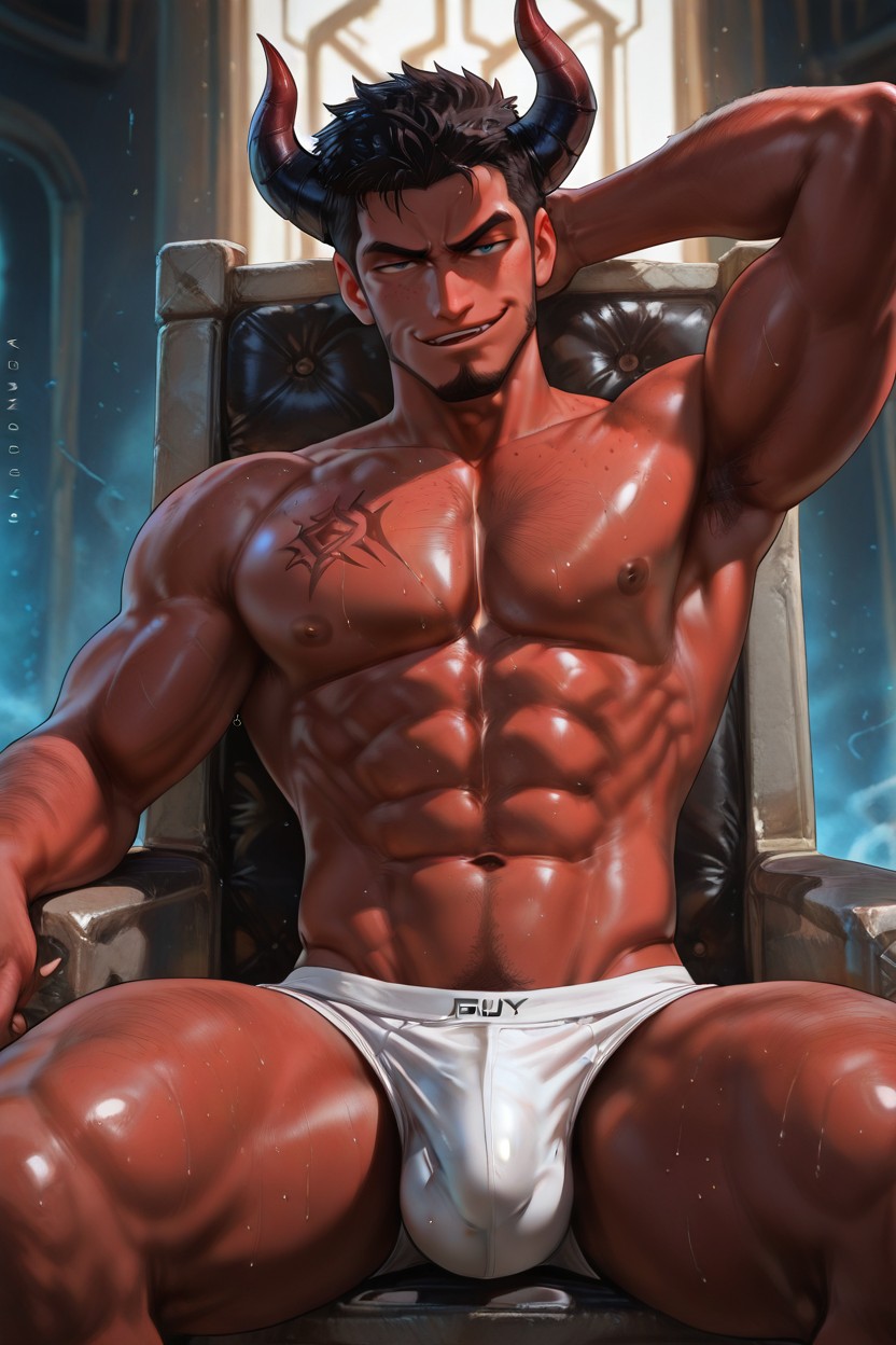 Blue Eyes, A Red-skinned Sexy Male Demon With Horns, Boyish AI Gay Porn