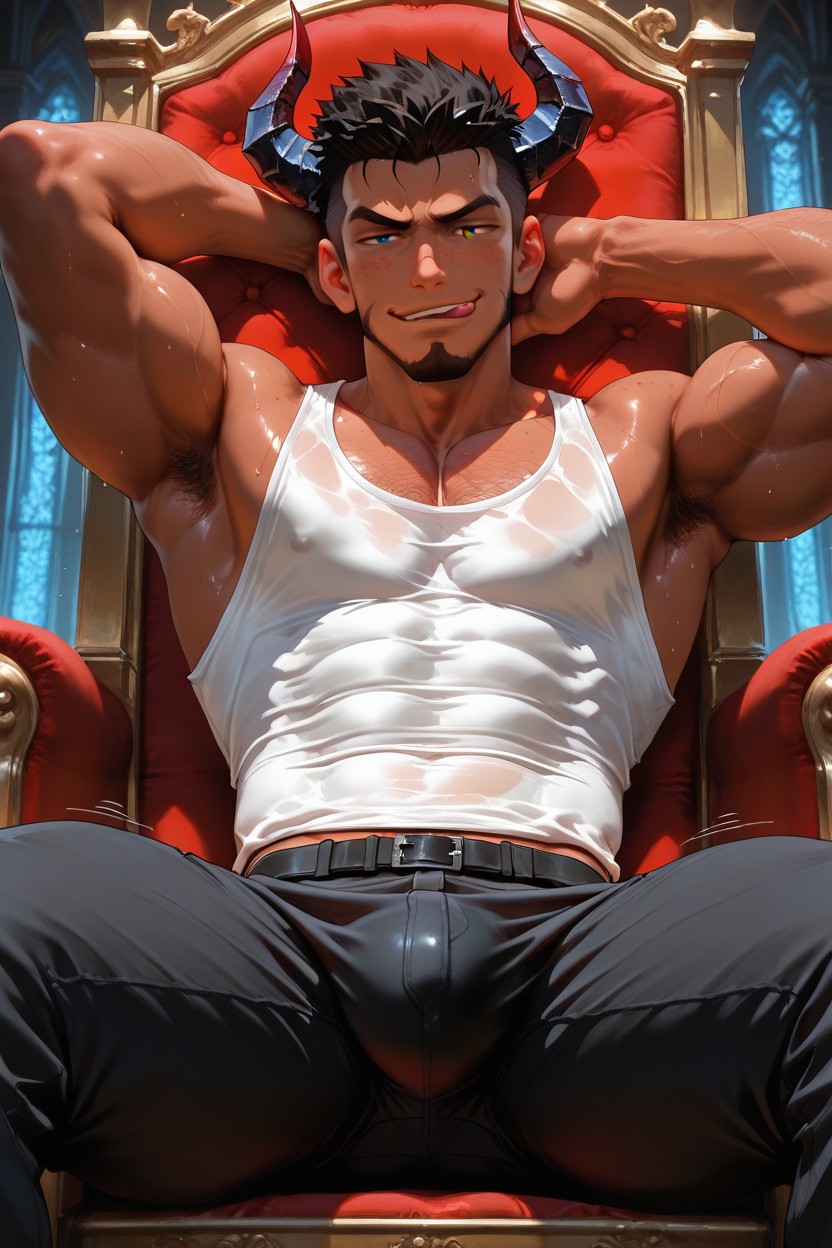 Hdr, A Red-skinned Sexy Male Demon With Horns, Hand Behind Head AI Gay Porn