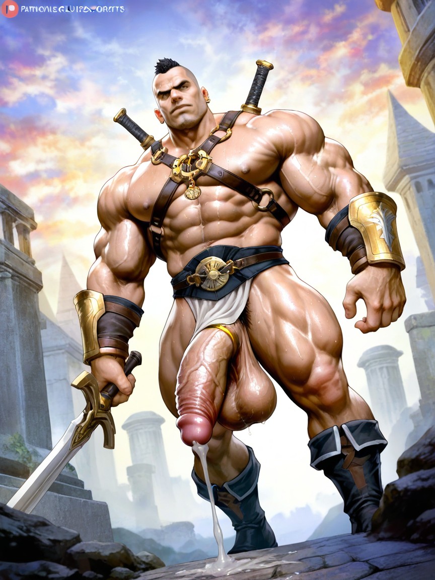 Side View, Scary, Ornate Golden Hyper Heavy Cock Ring AI Gay Porn