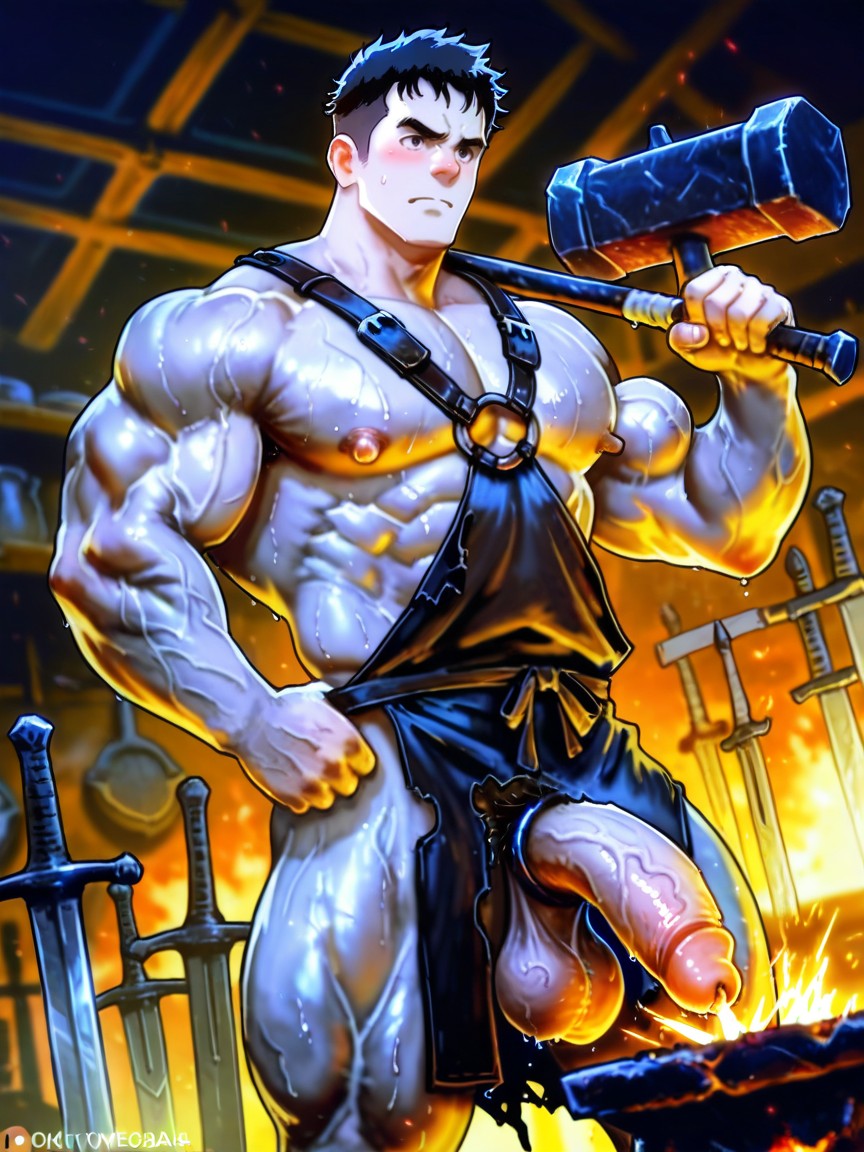 Oversized Muscles, Warm Cinematic Lighting From The Furnace, Very Short Hair AI Gay Porn