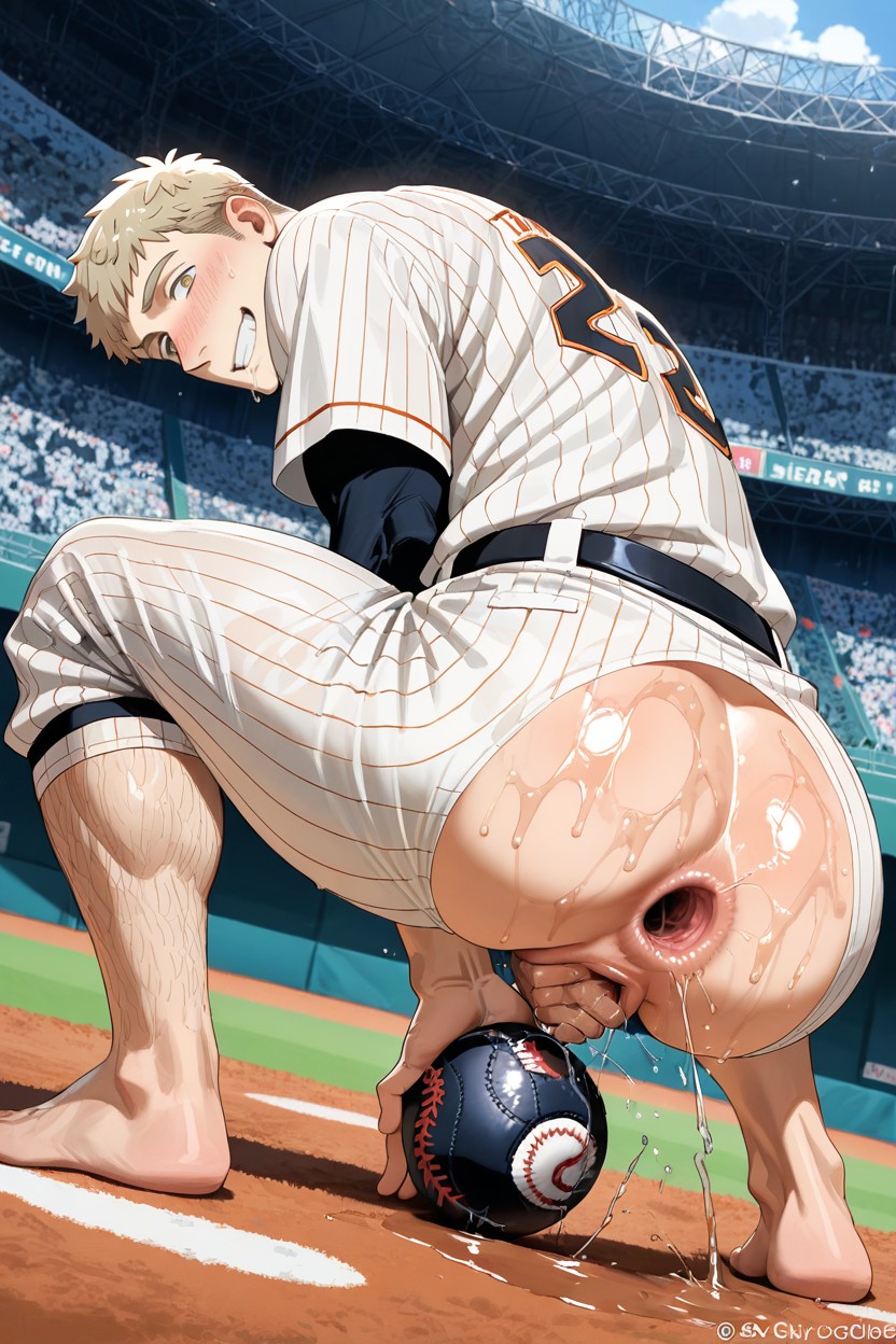Manly Face, Squatting With M-legs,look Back Over Shoulder, Muscular AI Gay Porn