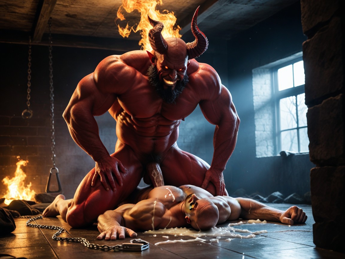 Huge Butt, Chains On Arms And Legs, Dark Room With Red Lighting Pornografia gay com IA