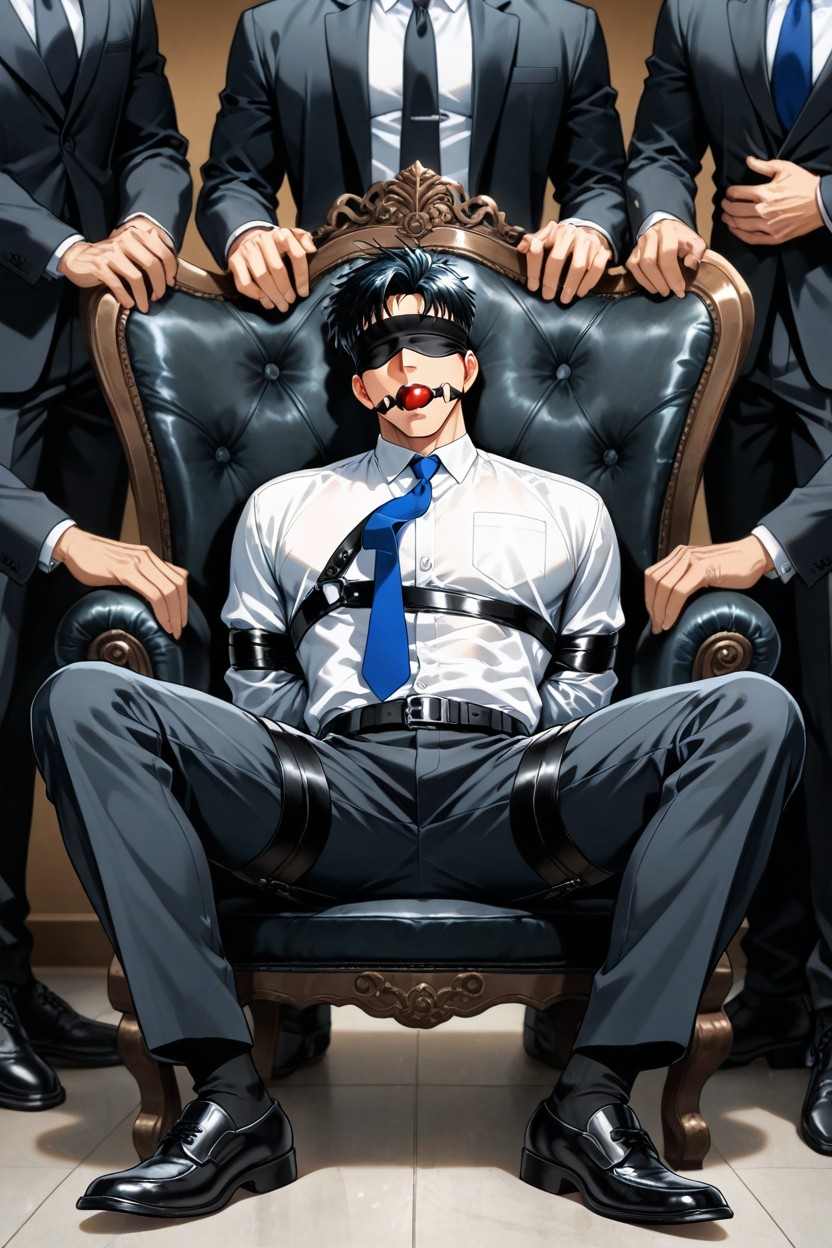 Dress Shoes, Black Leather Strap Wrapped Around The Shirt, Fit AI Gay Porn