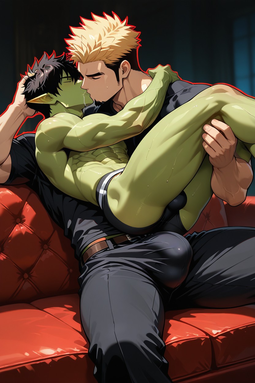 Two Men Wearing While Kissing With Saliva, Cock Bulge Erect Sideways, Sideways Bulge AI Gay Porn