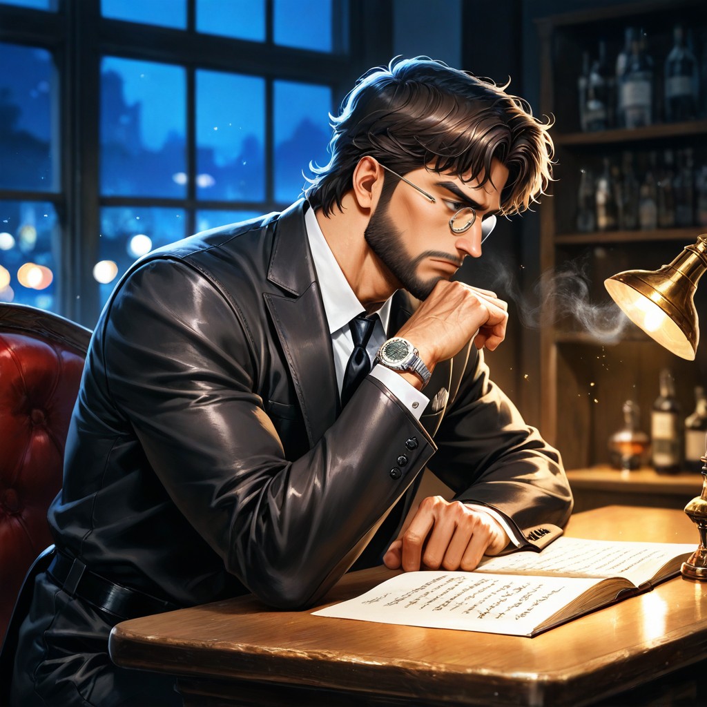 He's Sitting Behind A Wooden Table In A Dimly Lit, Volumetric Lighting, 20+ AI Gay Porn