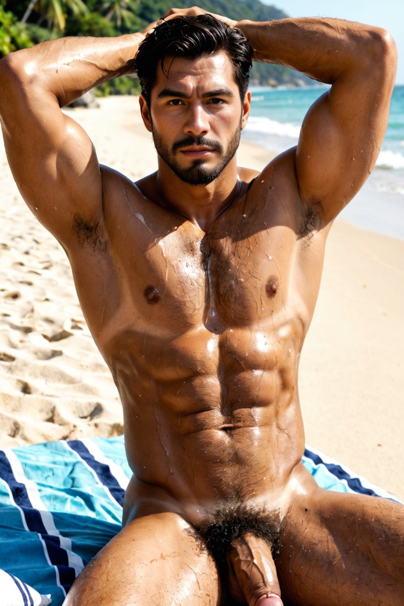 Mouth Agape, On A Sandy Beach, Sunny AI Gay Porn