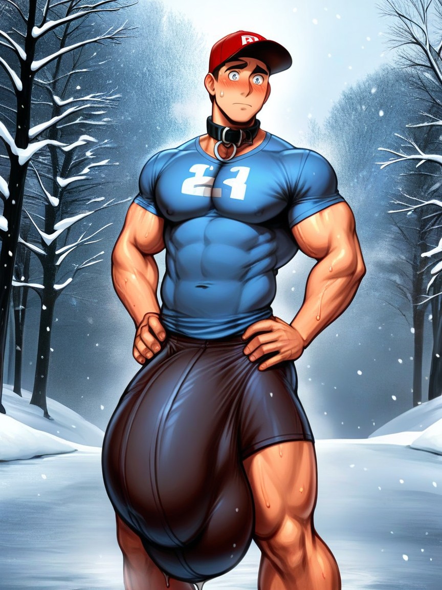 Huge Erect Hard Bulge Curving Upward, Gigantic Testicles, Sweating AI Gay Porn