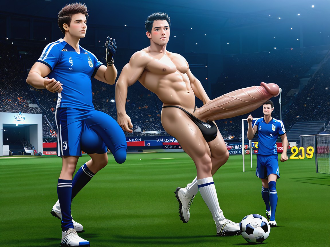 Naked Man Tries To Hide Gigantic Erection, Big Balls, Realism AI Gay Porn