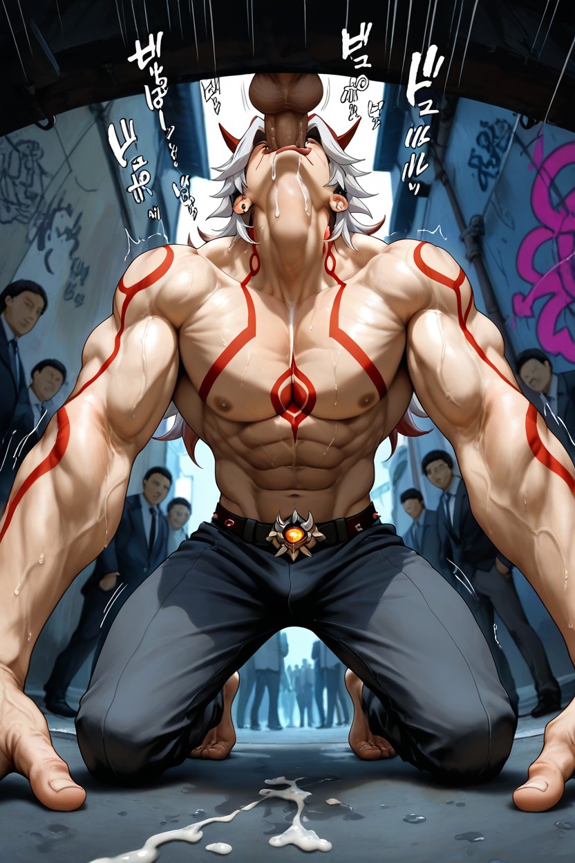Gang Members Around, Many People Watching, Arataki Itto Giving Blowjob 게이 AI 포르노