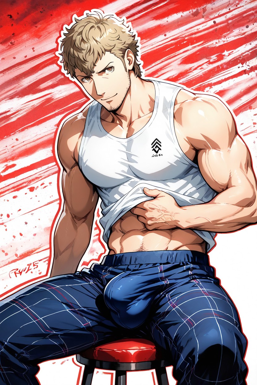 Man, Alone, Dark Blue Pants With Red And White Plaid Lines 게이 AI 야짤
