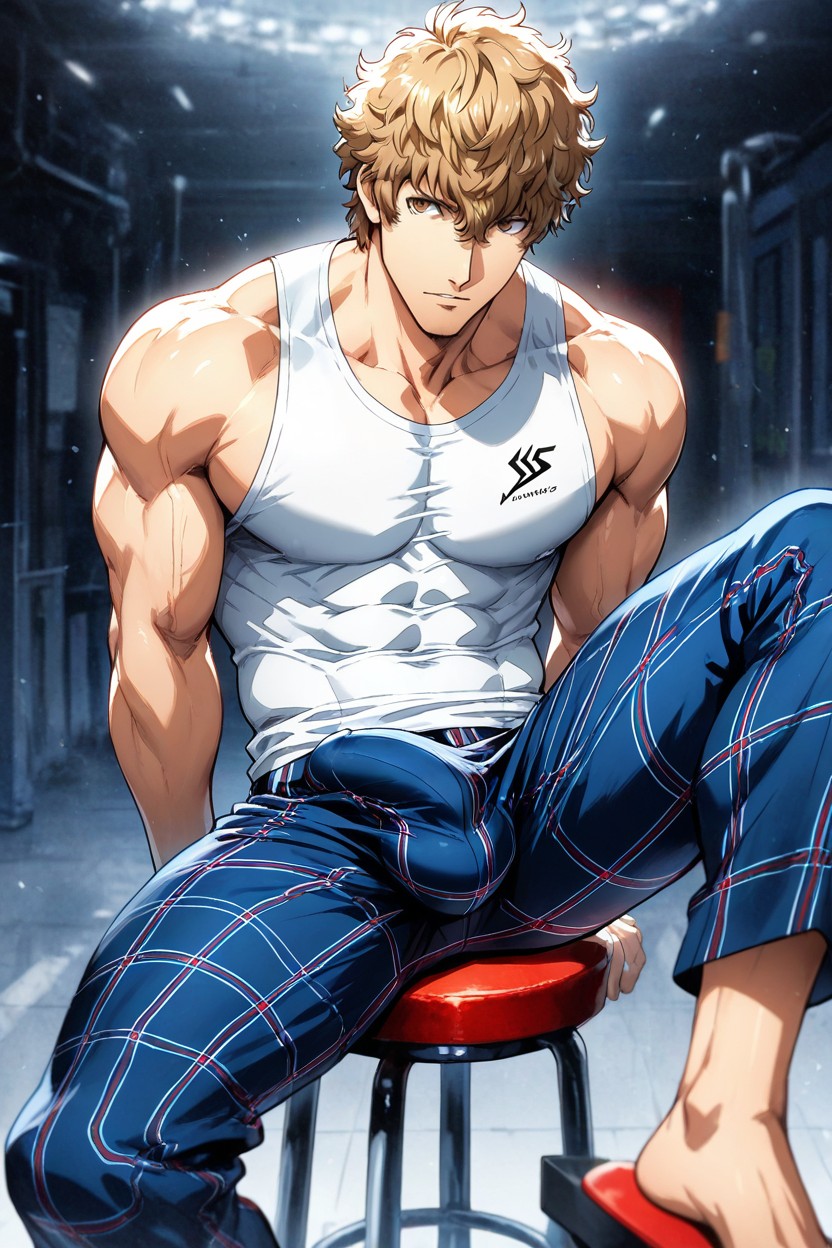 Dark Blue Pants With Red And White Plaid Lines, Male, Solo AI同性恋黄片