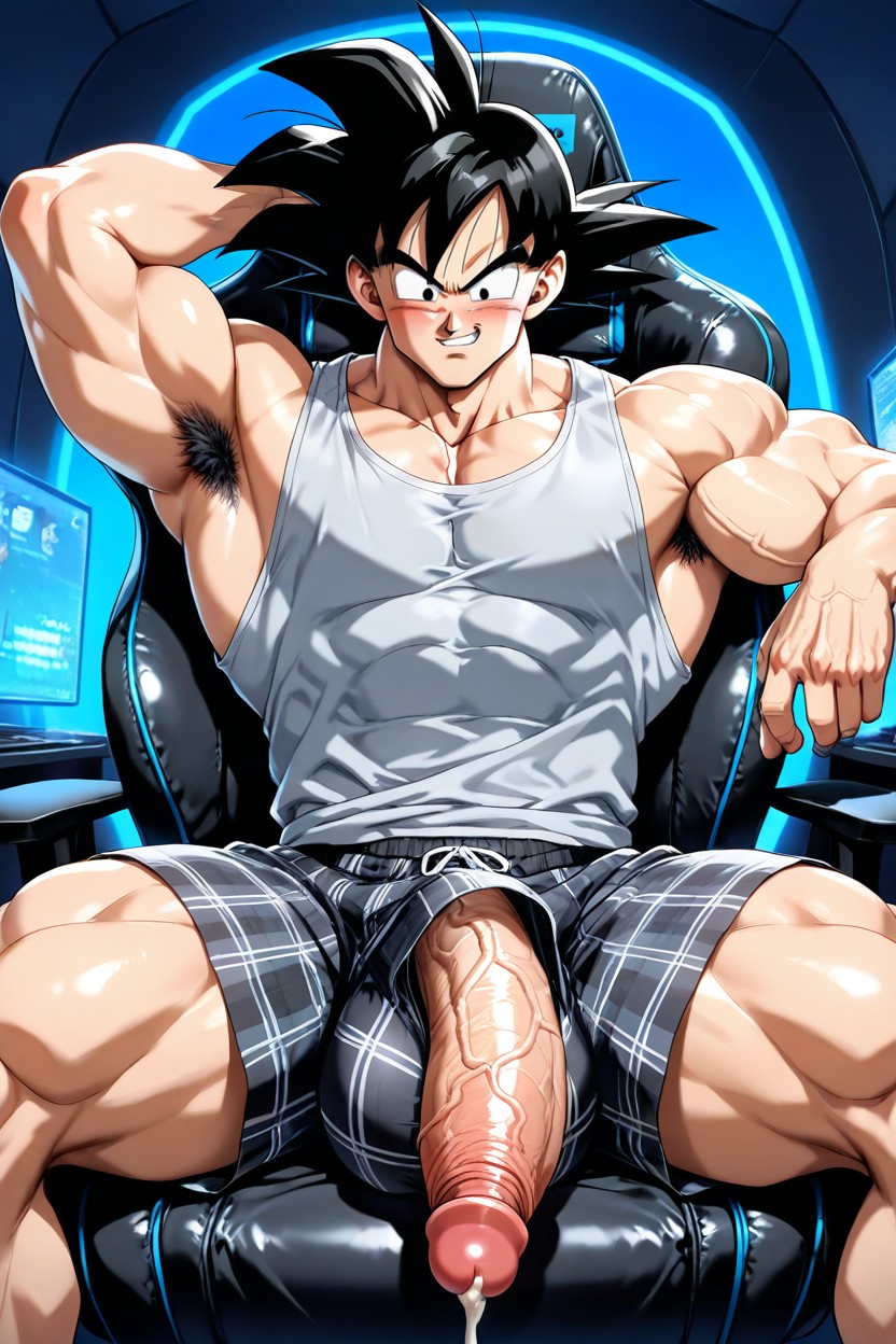 Back Slightly With One Arm Behind His Head And The Other Resting On A Desk He Has Long, Sitting On Couch, Growing Cock AI Gay Porn