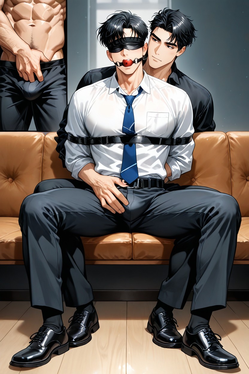 Arms Behind Back, Black Hair, Hand Of The Person Behind Him Was Placed On His Crotch And Squeezed Gently AI Gay Porn