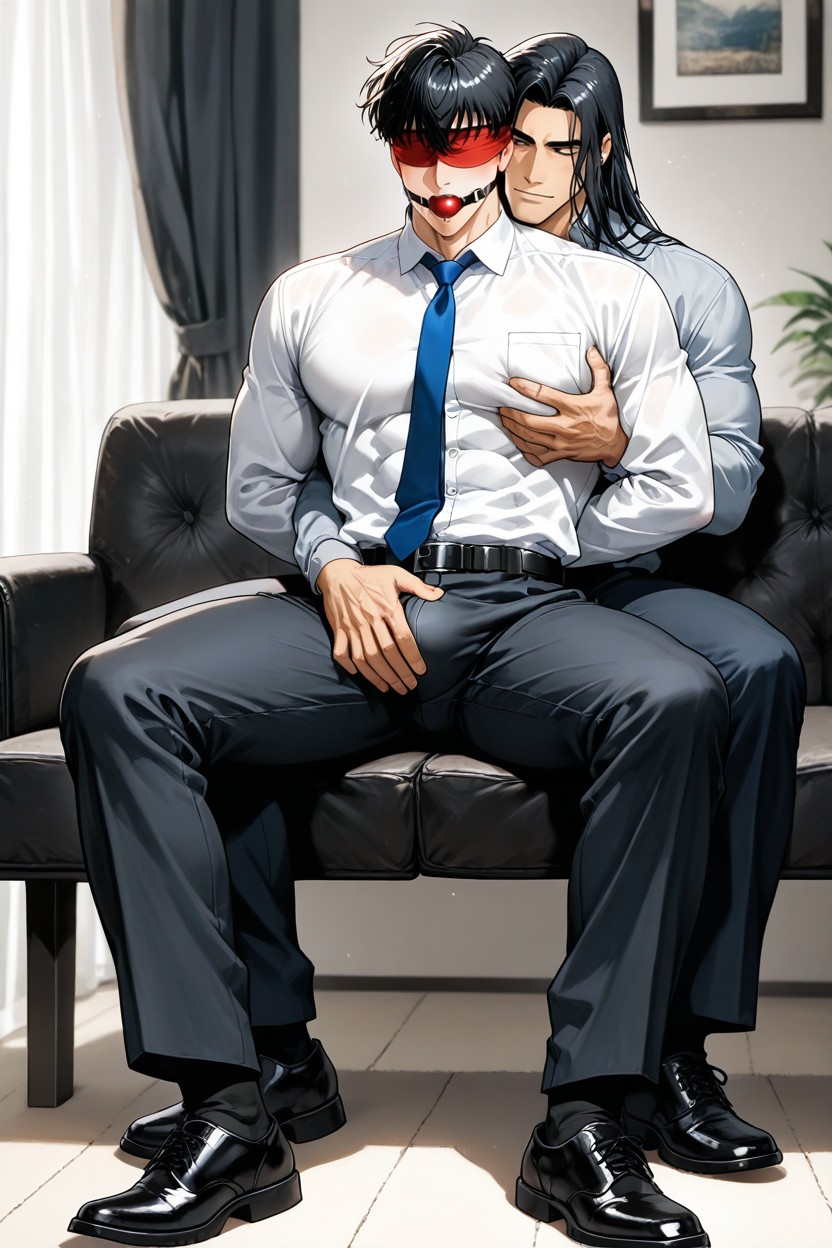 Black Leather Belt Wrapped Around His Shirt, Black Hair, In The Living Room AI同性恋黄片