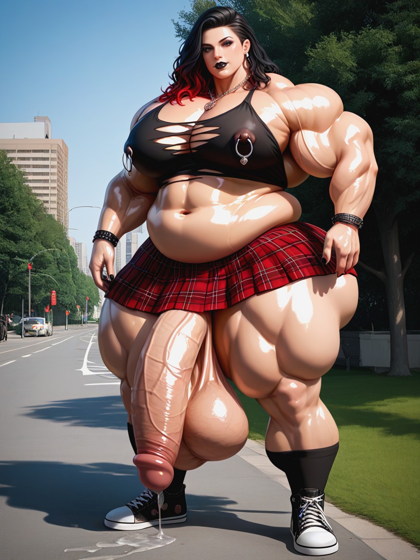 Micro Skirt, Nipple Rings, Modern City Street AI Gay Porn