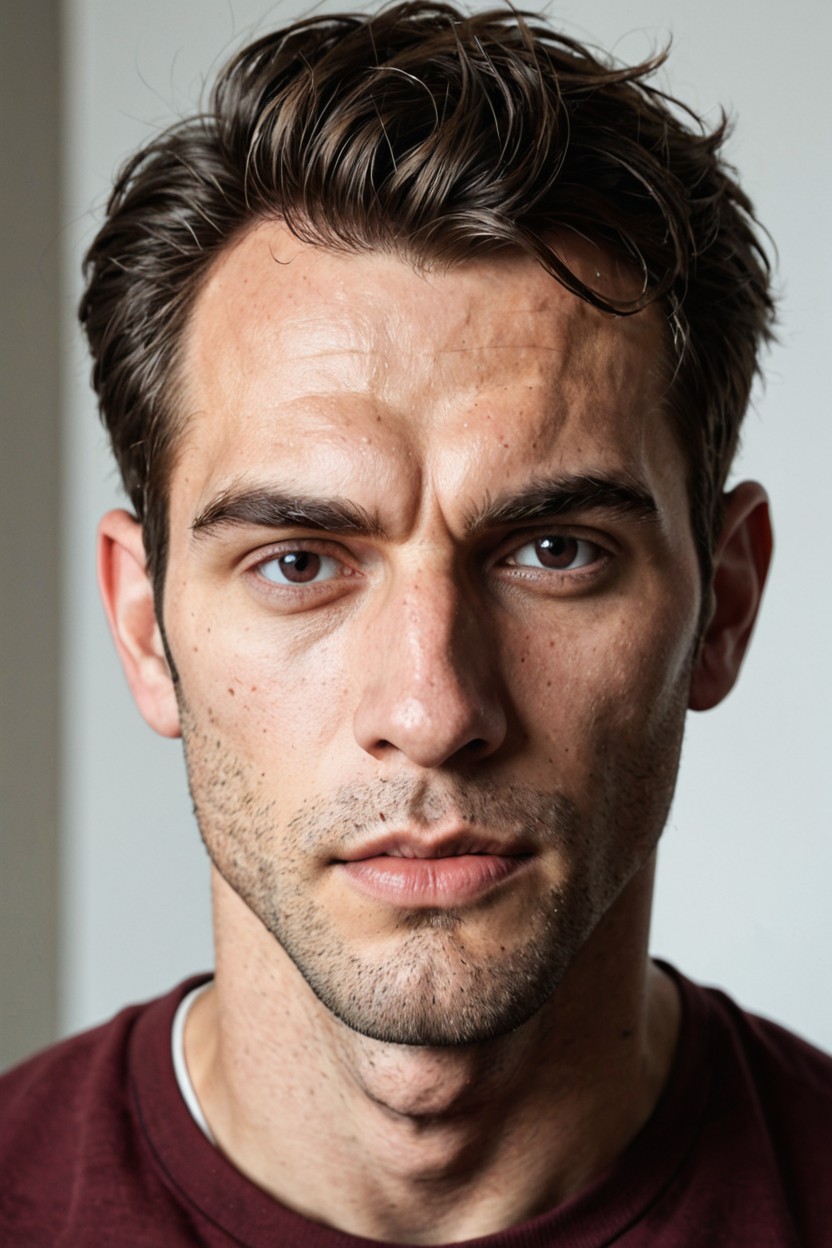 Slight Downward Outer Brow Tilt, Buzzed Dark Hair, Heavier Upper Lid Fold AI Gay Porn