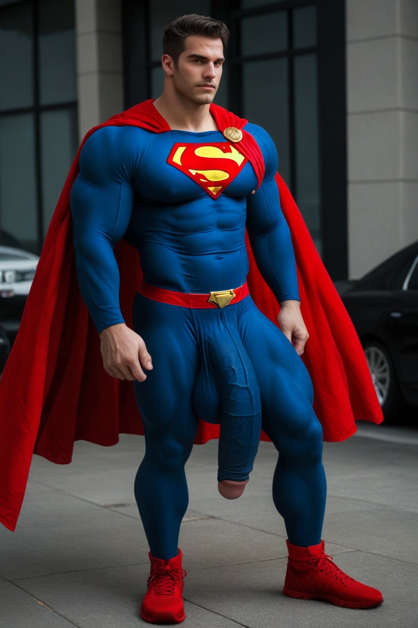 Spandex Wet Look Superman Suit, No Nudity, Massive Outline Of Hyper Penis Visible Through Tight Clothing AI同性戀黃片