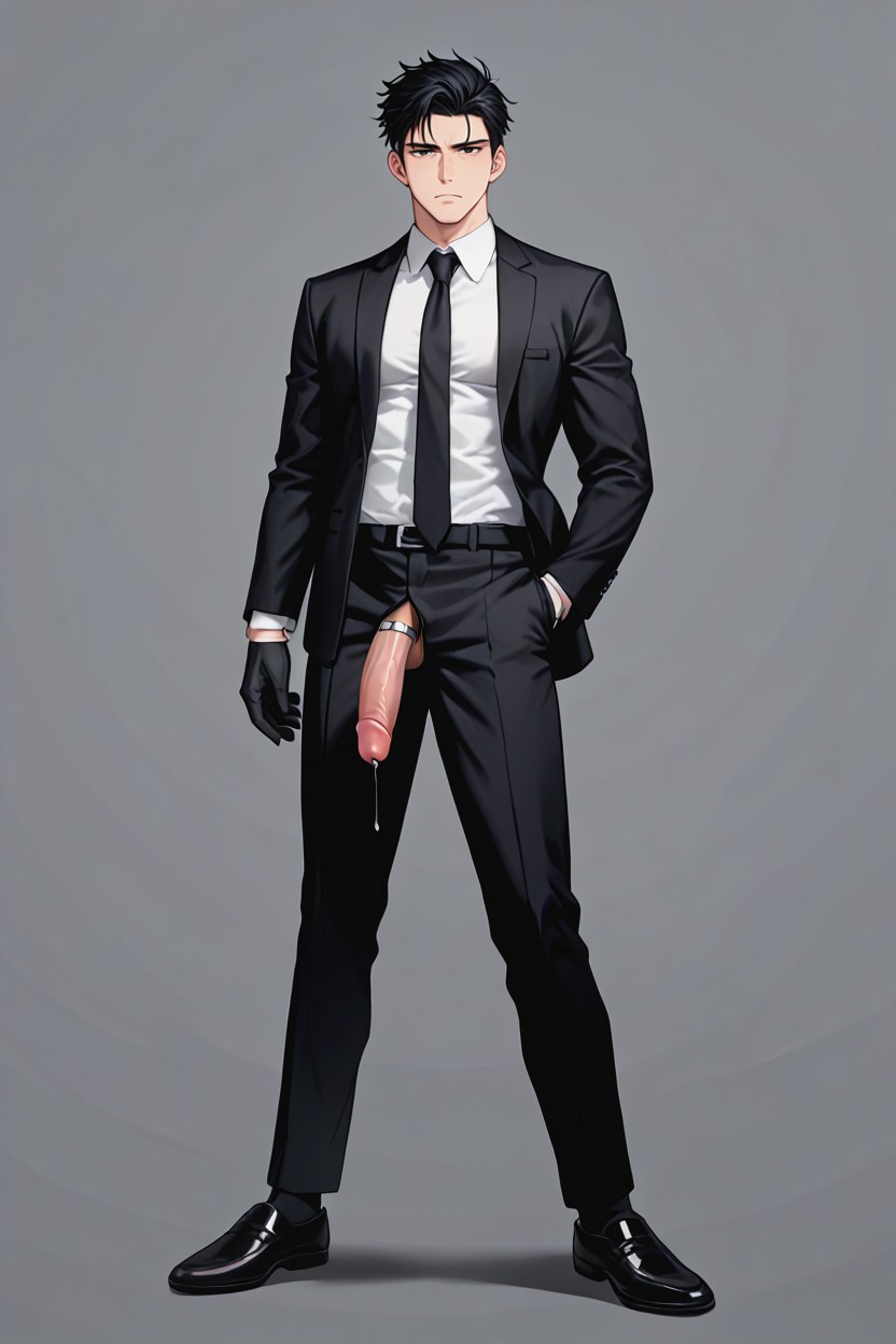 Wearing Black Pants, Silver Cock Ring, Open Penis ゲイAIポルノ