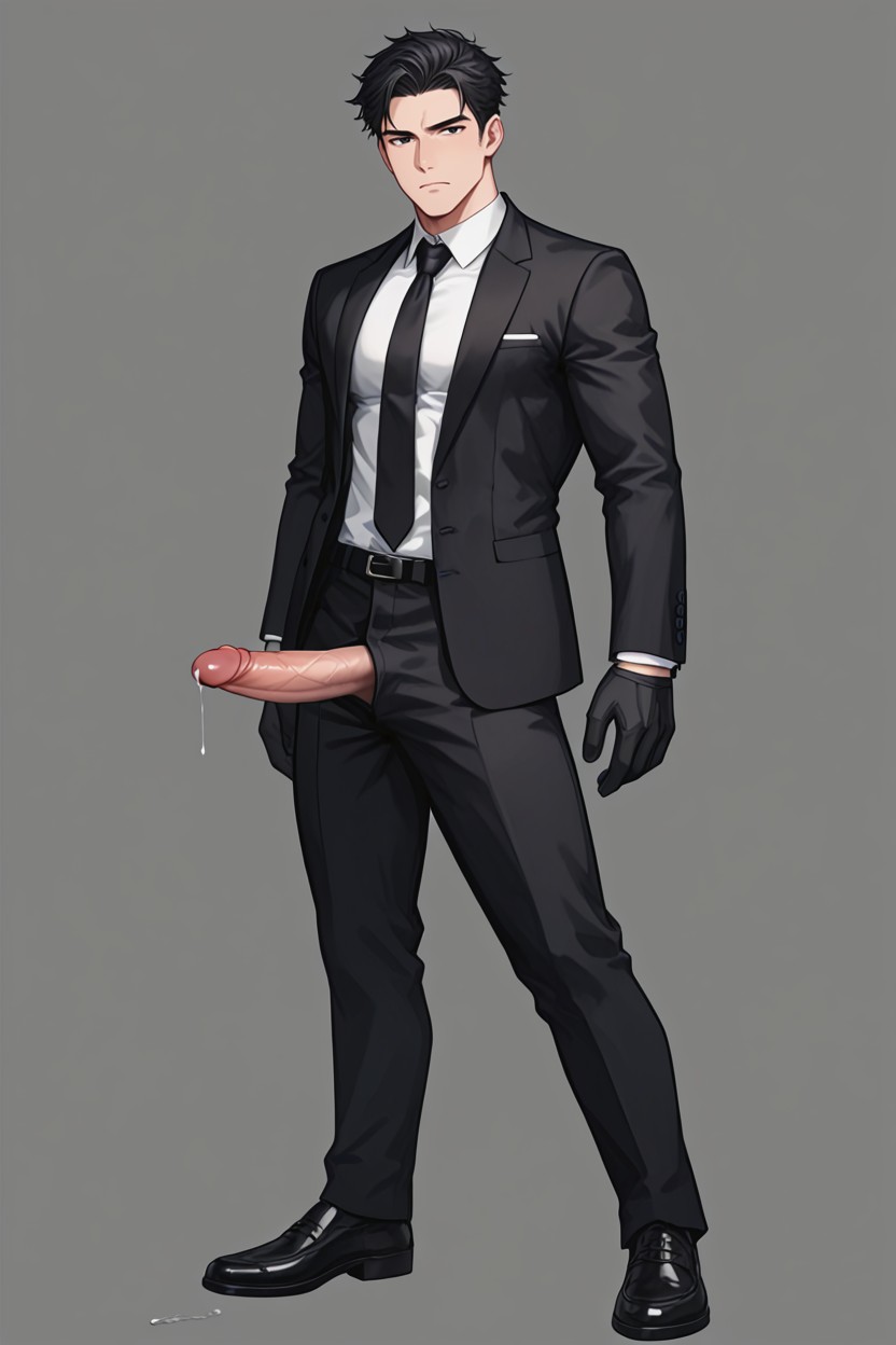 Full Body View, Black Formal Suit, Solo 게이 AI 야짤