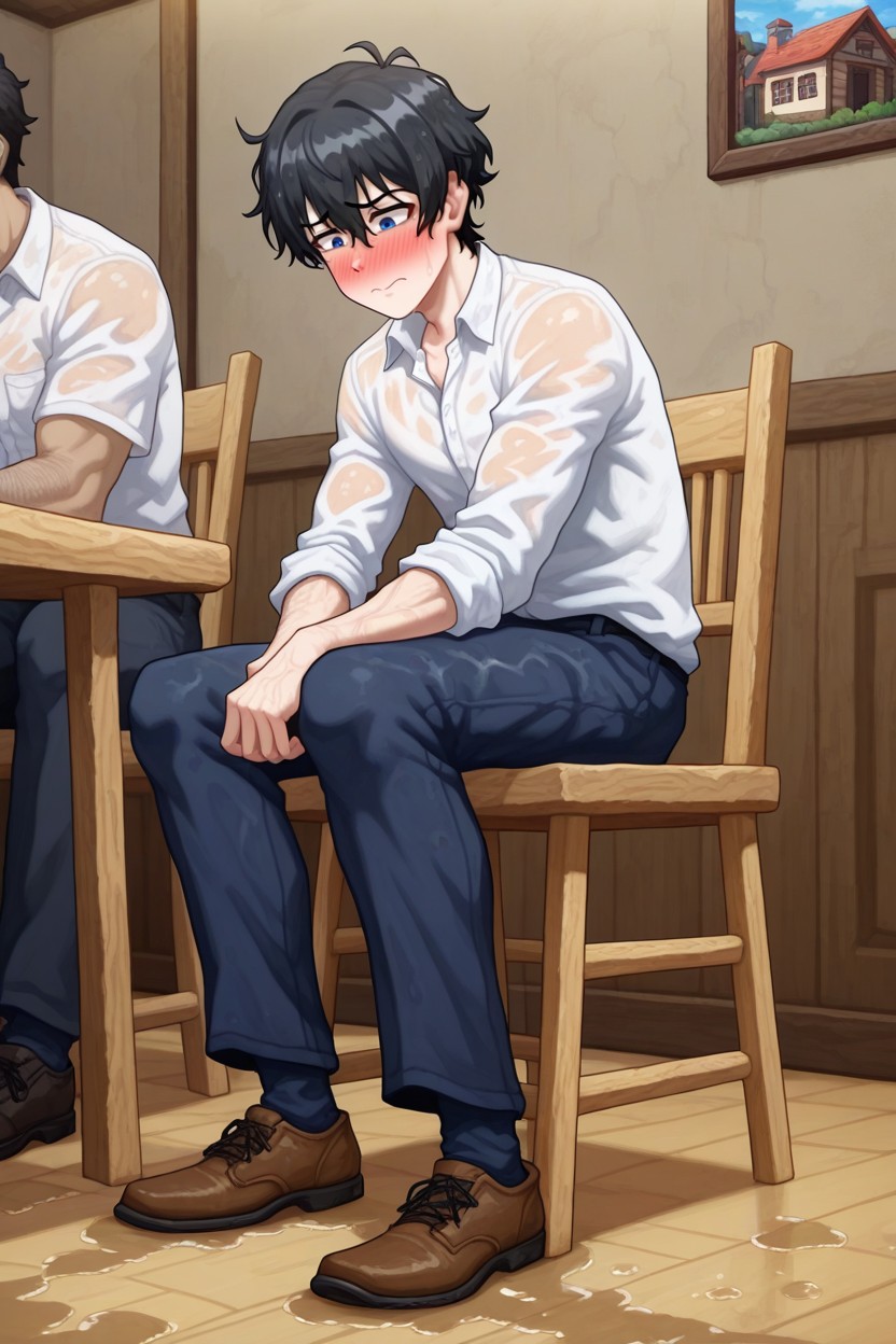 Sitting On A Wooden Chair, Looking Down, Brown Shoes AI同性恋黄片