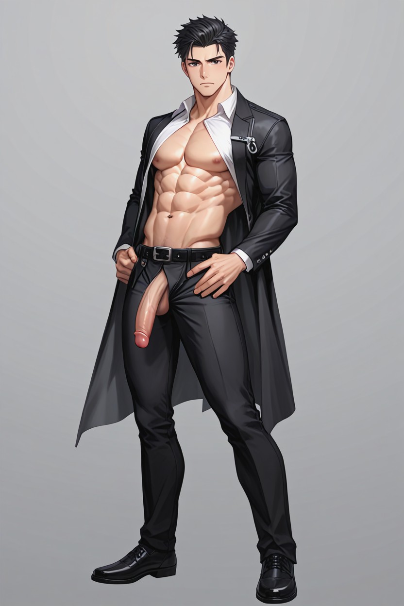Hard Penis, He's Opening His Shirt To Reveal His Chest And -pack Abs, Black Belt With Silver Buckle ИИ гей порно