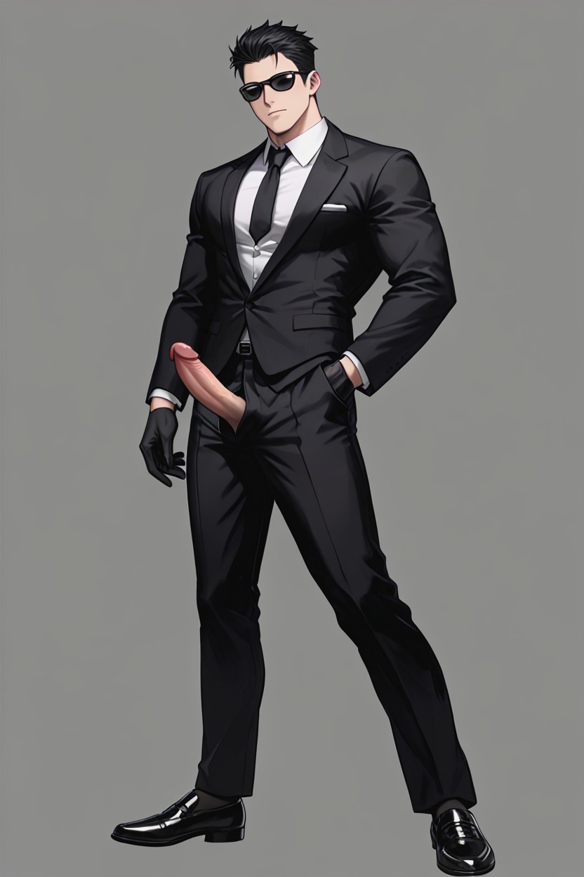 Wearing Black Office Pants, Erect Penis, Simple Grey Background Porno IA Gay