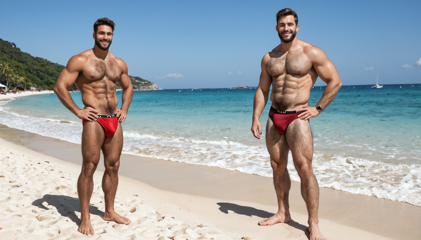 Red Speedo, Beach, Fit Porno gay IA