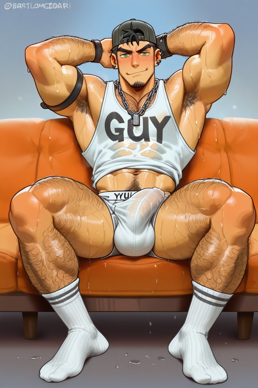 Hairy Body, Muscular, Sitting On Couch AI同性恋黄片