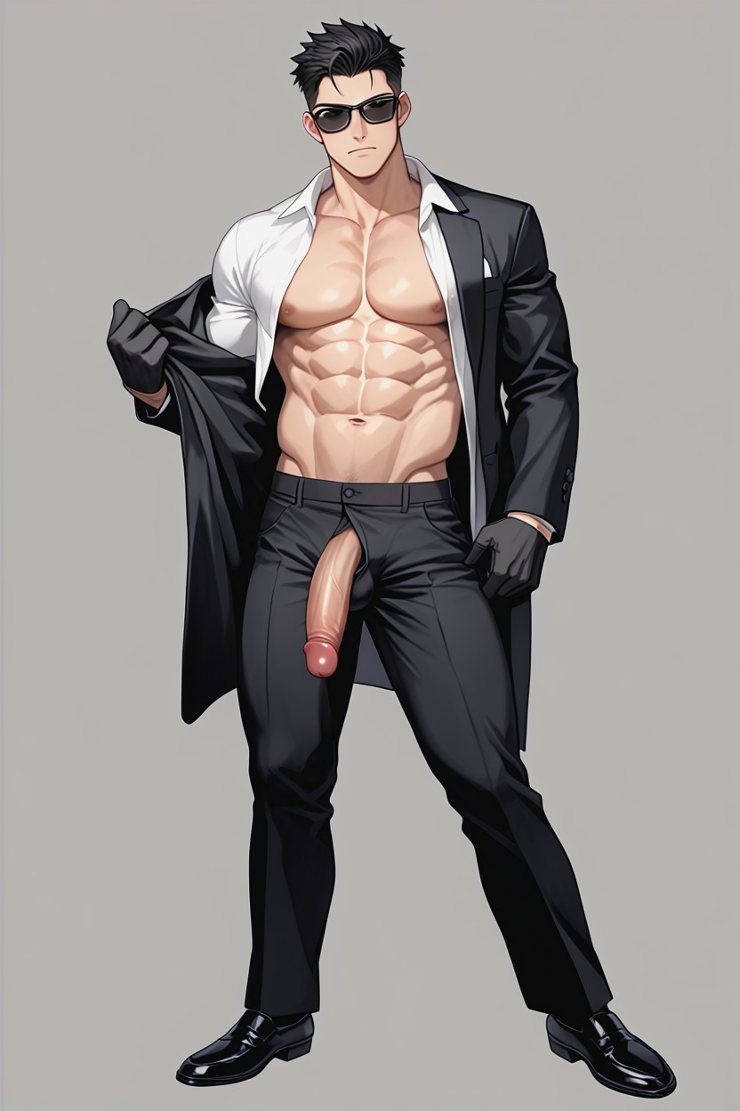 Black Hair, -pack Abs, Black Outfit 게이 AI 포르노