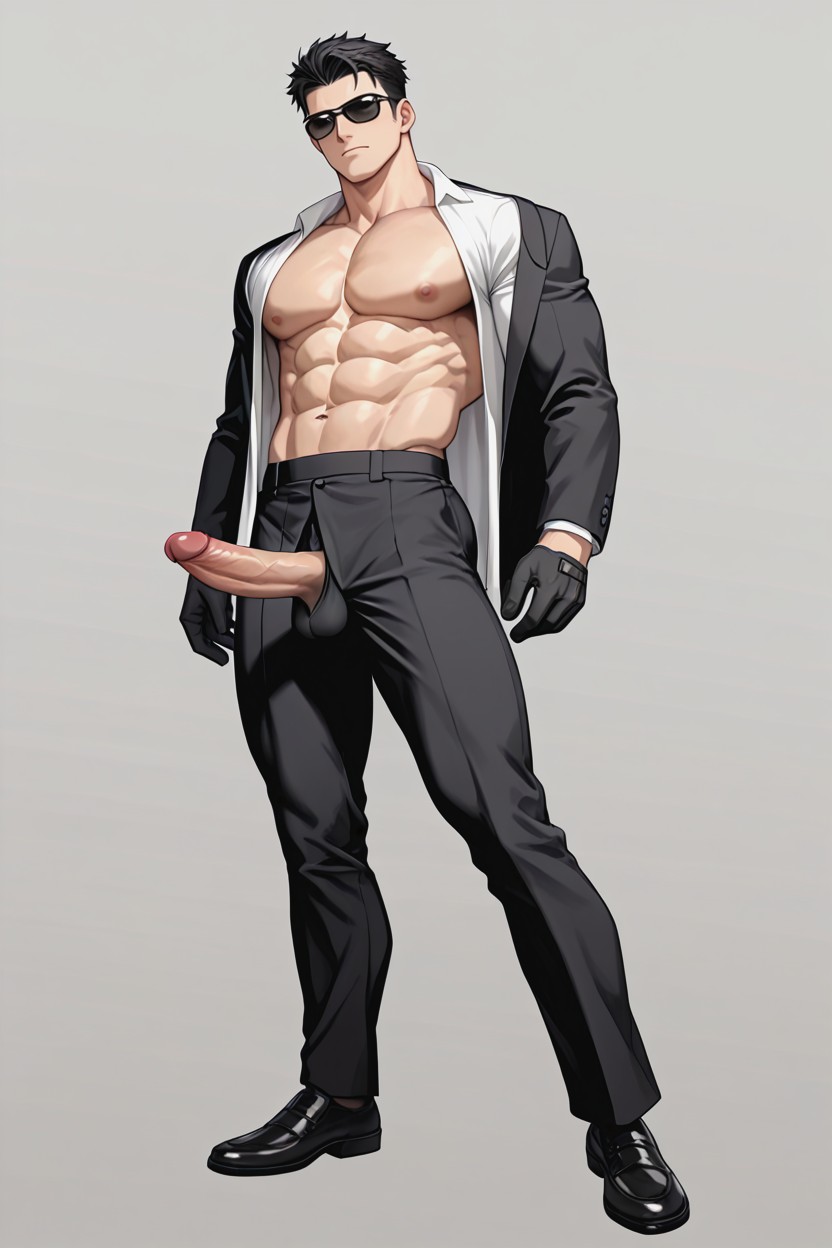 Full Black Gloves, Open Penis, Simple Background Porno IA Gay
