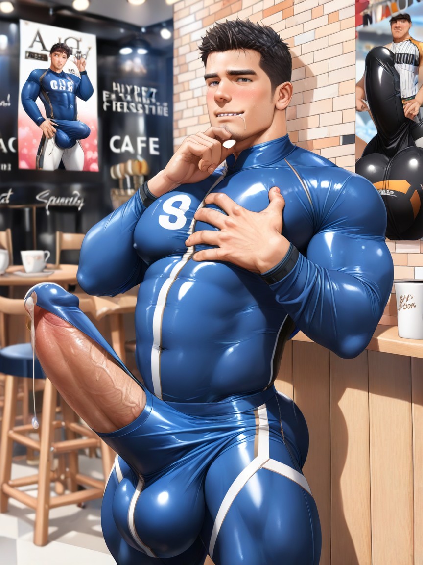 Photorealistic, Big Balls, Fully Upright Erection Pressed Against Chest ゲイAIポルノ