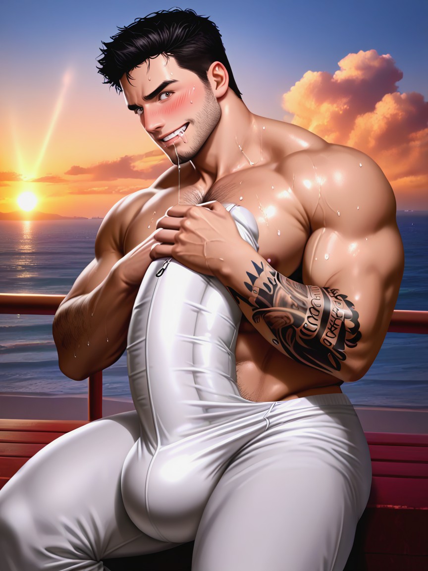 Fully Upright Upward Boner, Giant Erect Bulge, Black Hair Pornografia gay com IA