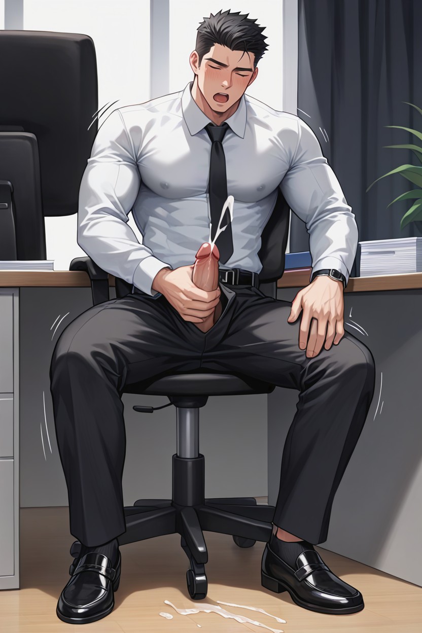 Wearing Long Black Office Pants, Black Belt With Silver Buckle, Light Skin Penis AI同性恋黄片