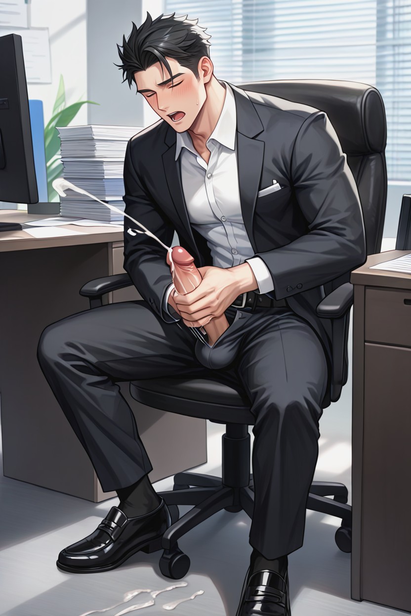 Black Belt With Silver Buckle, Light Skin, Office Background ゲイAIポルノ