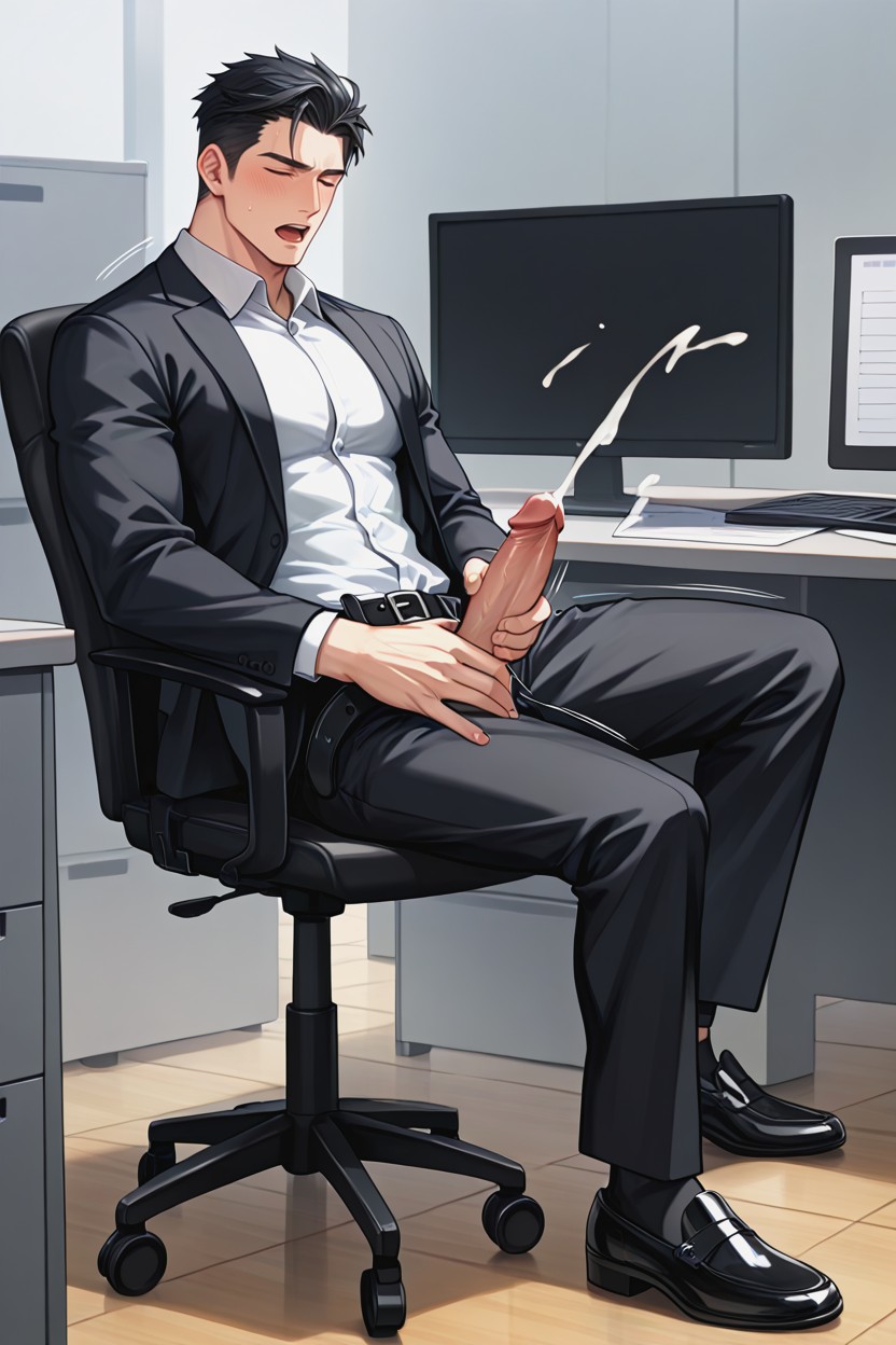 Sitting On Office Chair, Masturbation, Wearing Long Black Office Pants AI Gay Porn