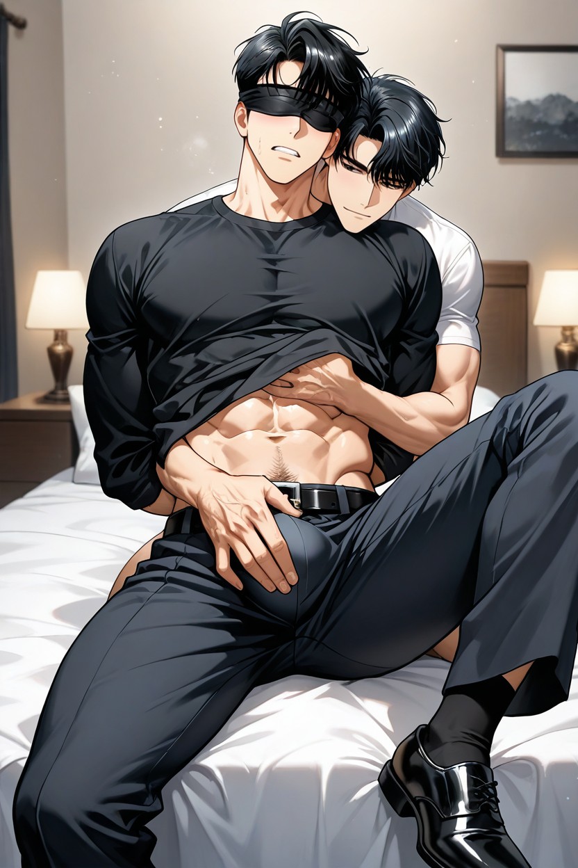 Blindfolded And Ball Gag Only Apply To People Who Is, Legs Spread, Bangs Hanging Down To The Forehead AI Gay Porn