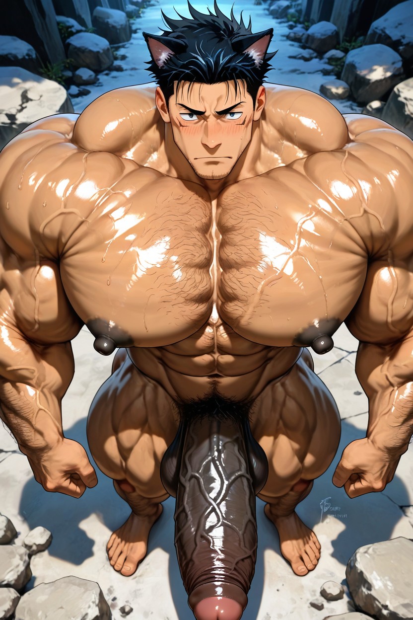 Solo, Hyper-muscular, Vivid Cinematic Light Casting Rembrandt-style Deep Shadows On His Massive Bulking Body AI Gay Porn