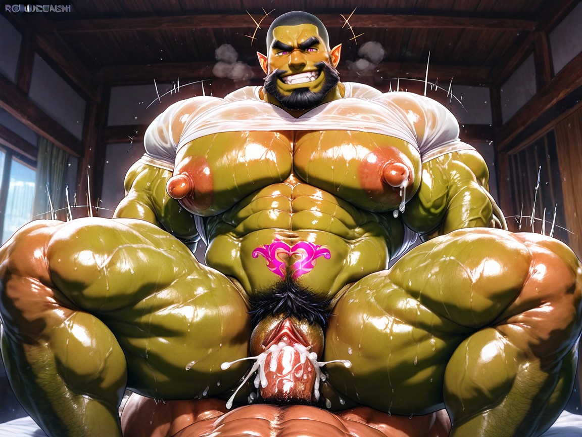 Hyper Muscular Orc Bottom, Beard, Extrêmement Lourd En Bas Porno IA Gay