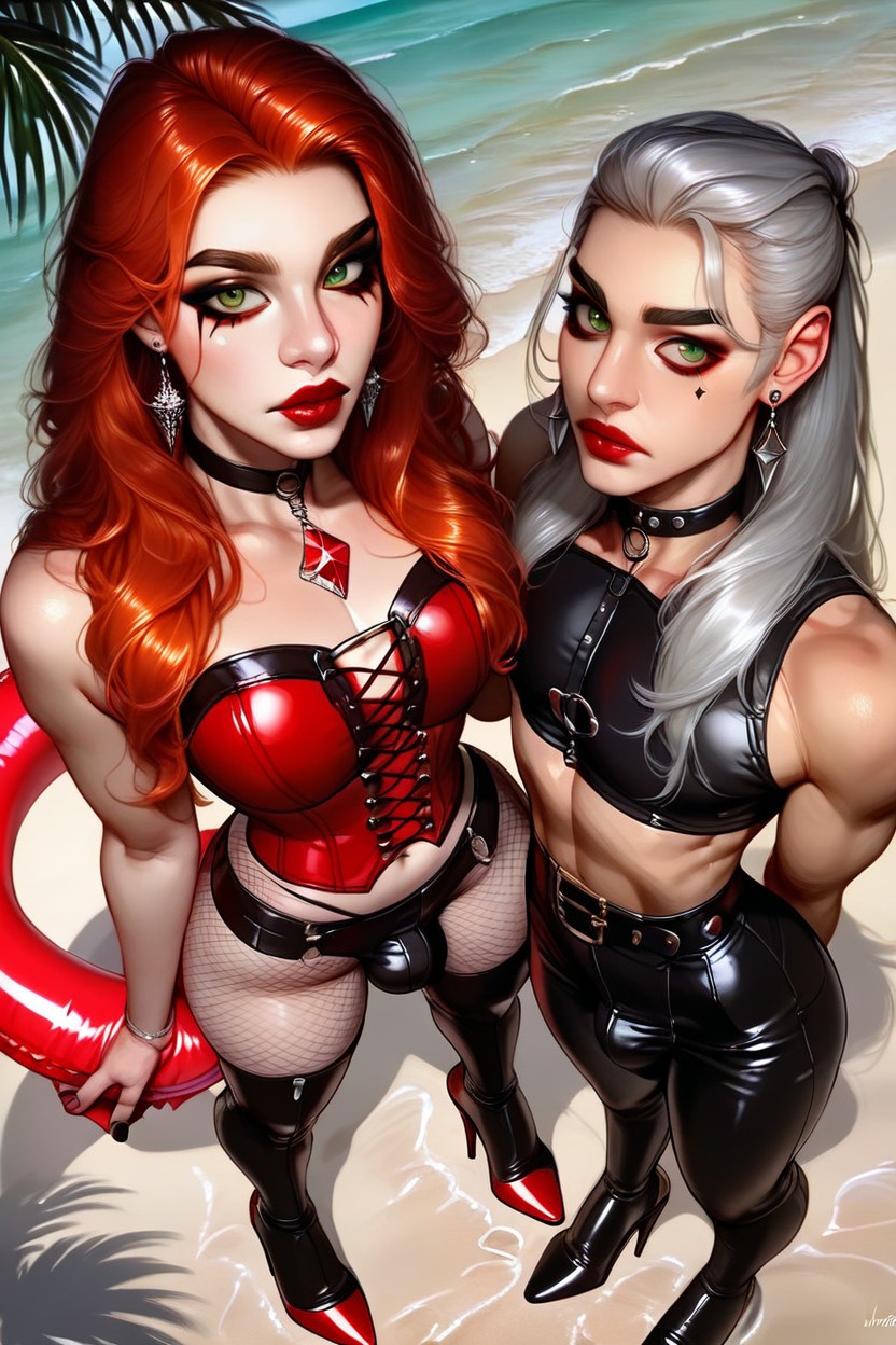 Black Pvc Long-sleeved Crop Top, Black Leather Choker, Attitude Porno IA Gay
