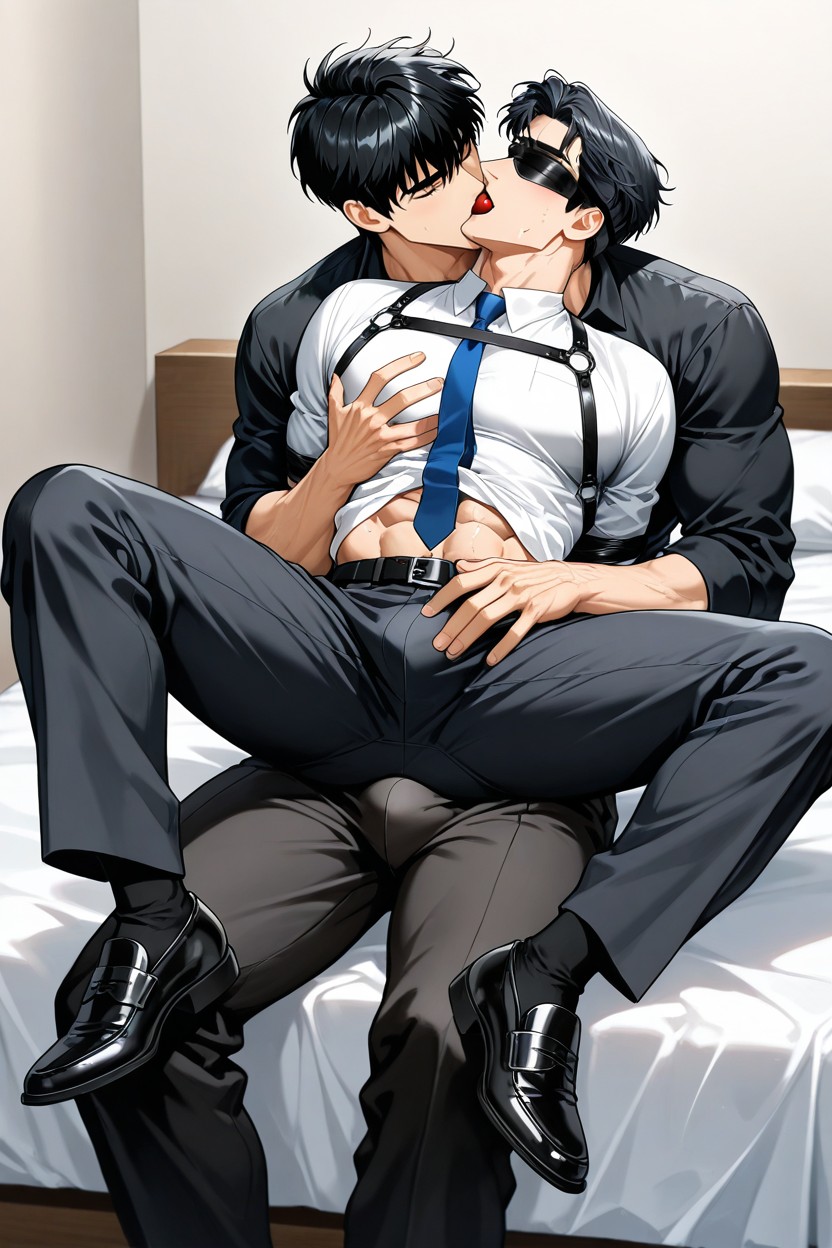 A Blue Tie, Wearing A Thick-sleeved Black Dress Shirt, Close-up View AI同性戀黃片