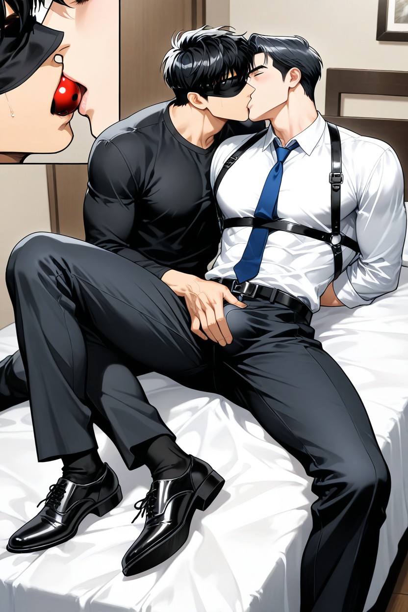 Black Shirt, In The Bed Room, Close-up View AI Gay Porn