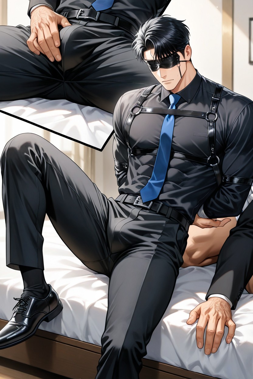 Black Pants, Wearing A Thick-sleeved Black Dress Shirt, 雙臂放在背後 AI同性戀黃片