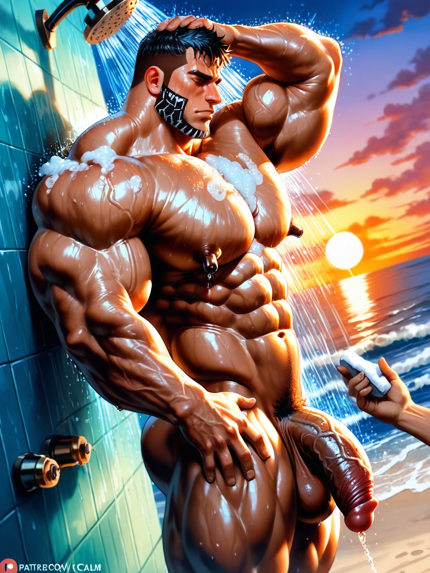 Public Shower On Beach, Muscles Surdimensionnés, Squeezable Porno IA Gay