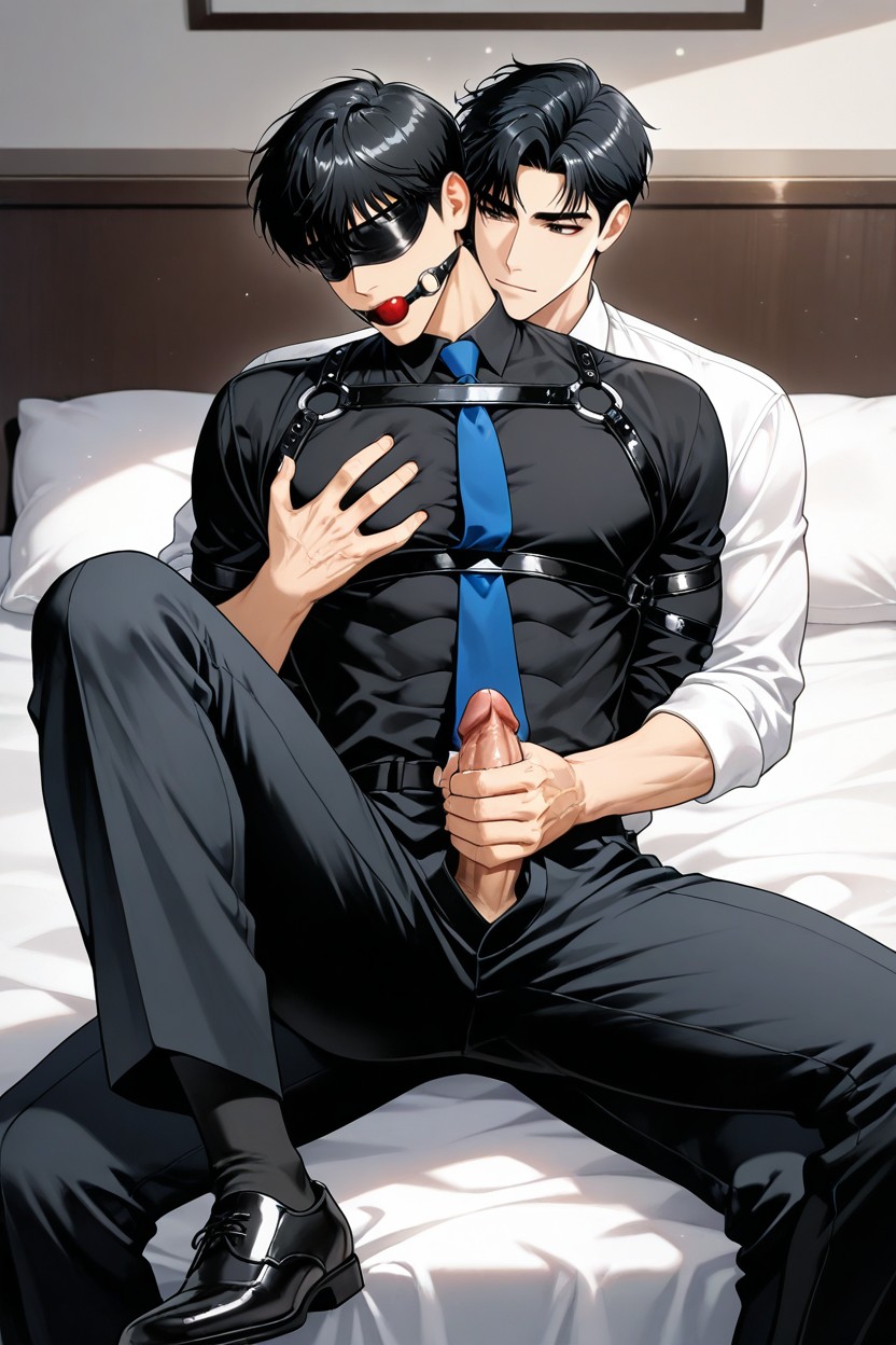 Strap Leather Shirt Harness, Help Masturbating For Him With Masturbator Cup, Close-up View Porno IA Gay