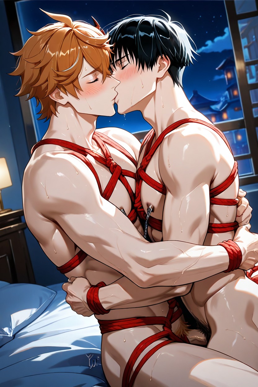 縛り, Bed, Mutual Hug ゲイAIポルノ