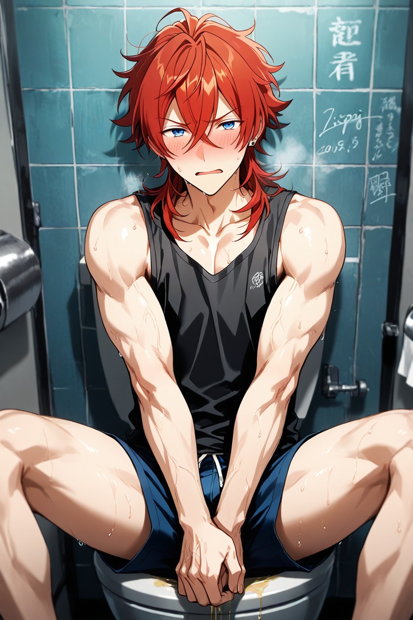 Sweating, Red Spiky Hair, Dark Intense Pubic Hair Porno IA Gay