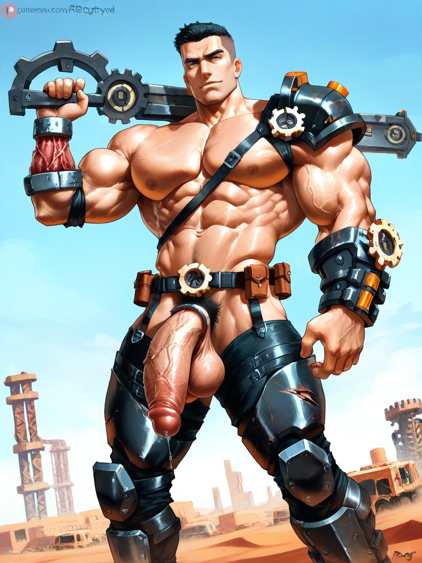 Dutch Dynamic Angle, An Exposed Oversized Hyper Heavy Round Bulging Masculine Hard Pecs, Hyper Realistic AI Gay Porn
